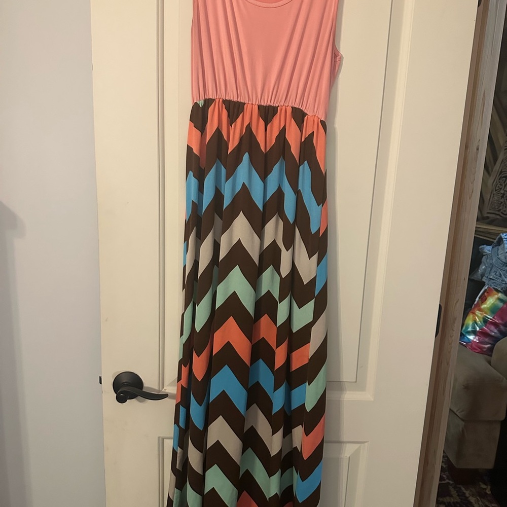 Chevron Patterned Maxi Dress - Pink and Multicolor